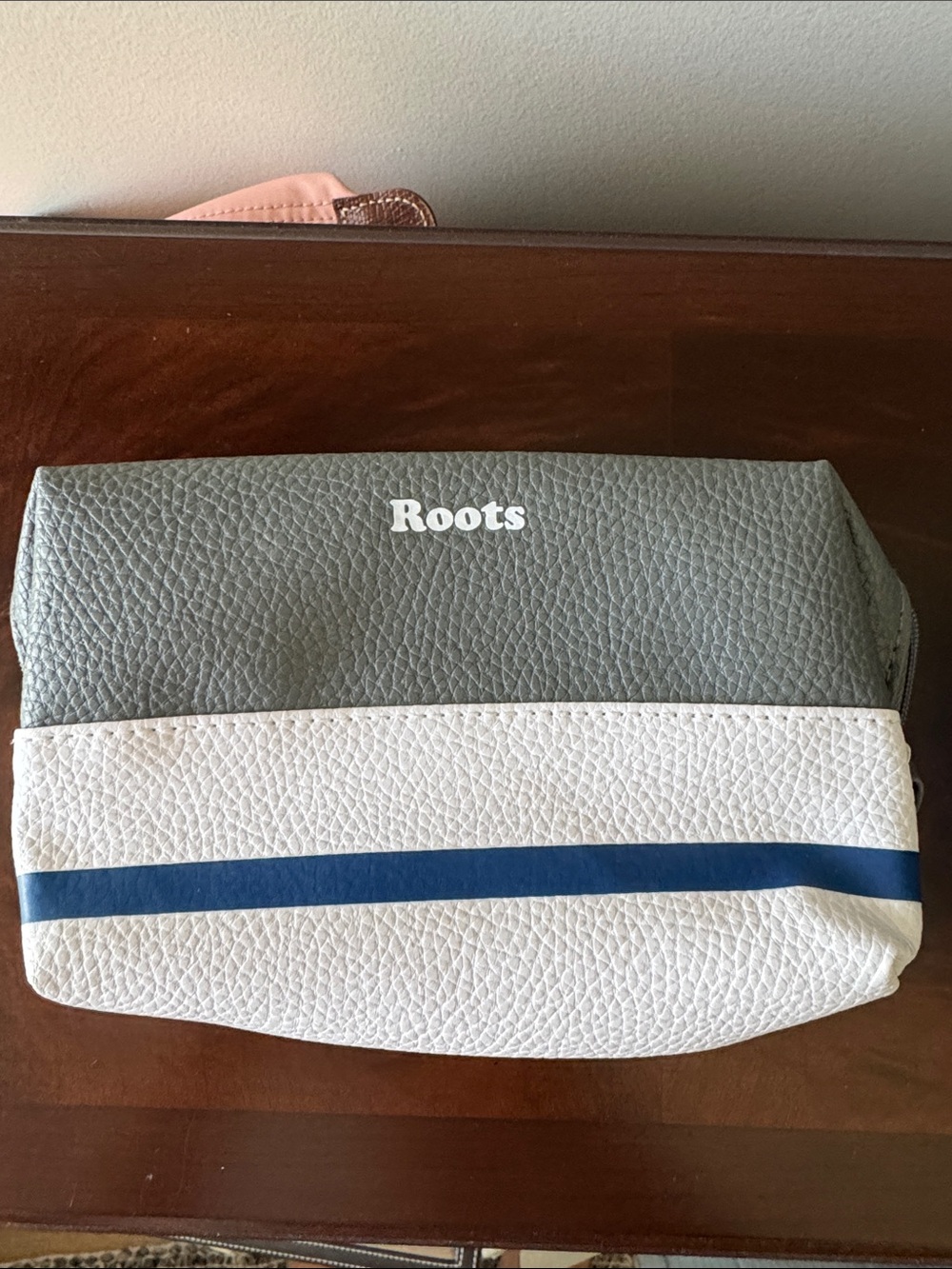 Roots Two-Tone Pebbled Soft Pouch - Gray, White & Blue Stripe - collab